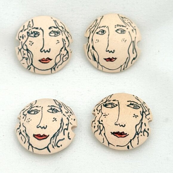 Four Ceramic Artisan Made Face Beads Jewelry Making - Picture 1 of 5
